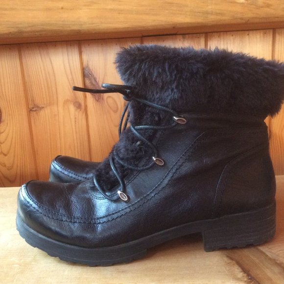 BareTraps Presume Black Leather Faux Fur Lace Up Inner Zip Winter Boots Size 10M - Picture 1 of 7